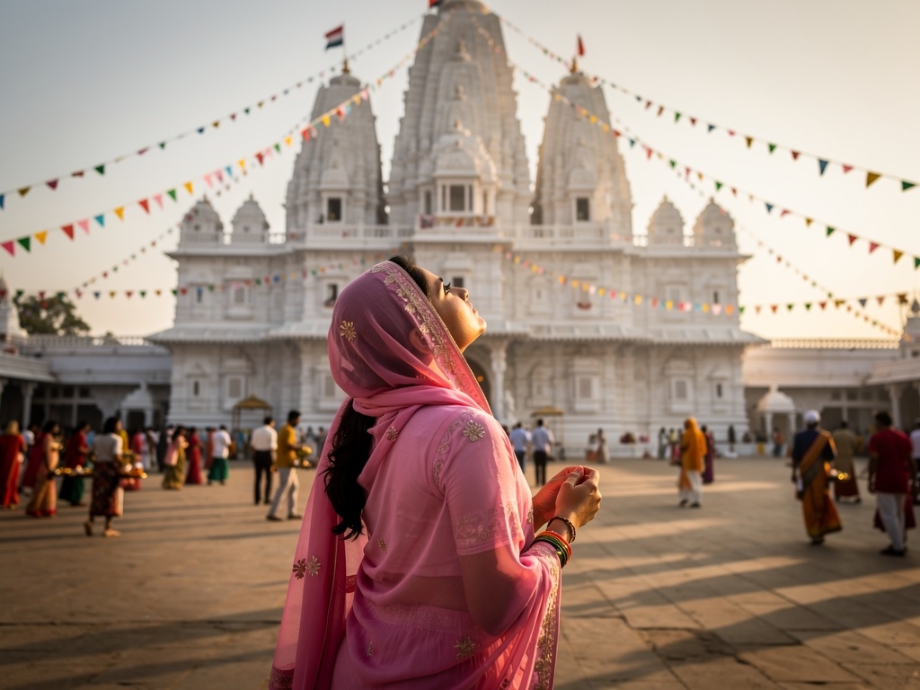 Ranchhodrai Temple Dakor Gujarat with tall white spires and devotees in the courtyard