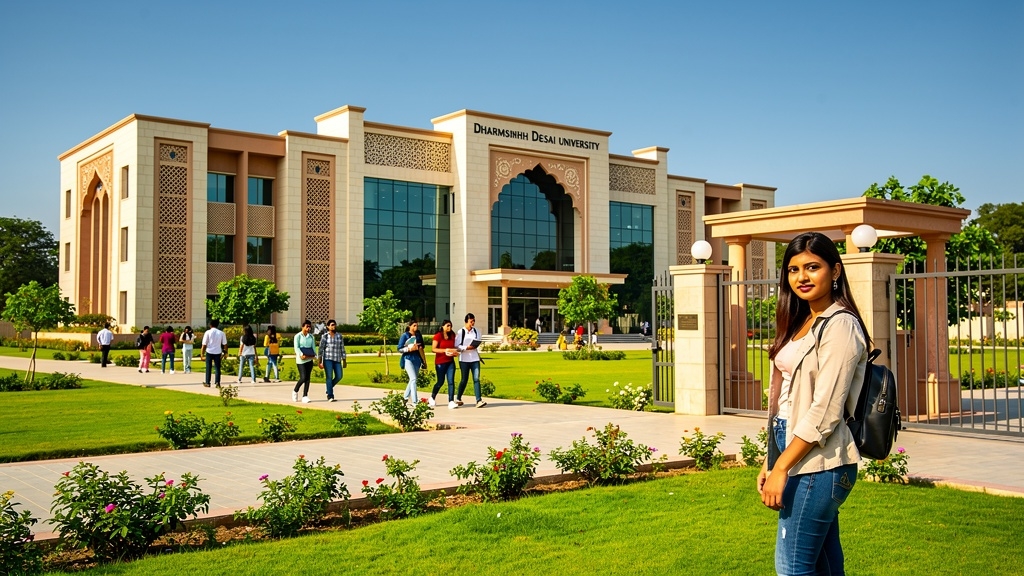 Dharmsinh Desai University campus with lush green lawn and student with backpack