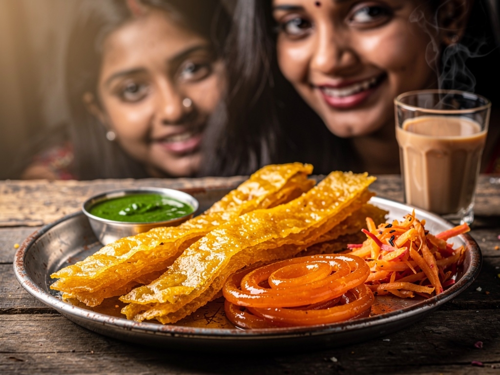 Gujarati street food breakfast with fafda, jalebi, and masala chai at a local stall in Nadiad