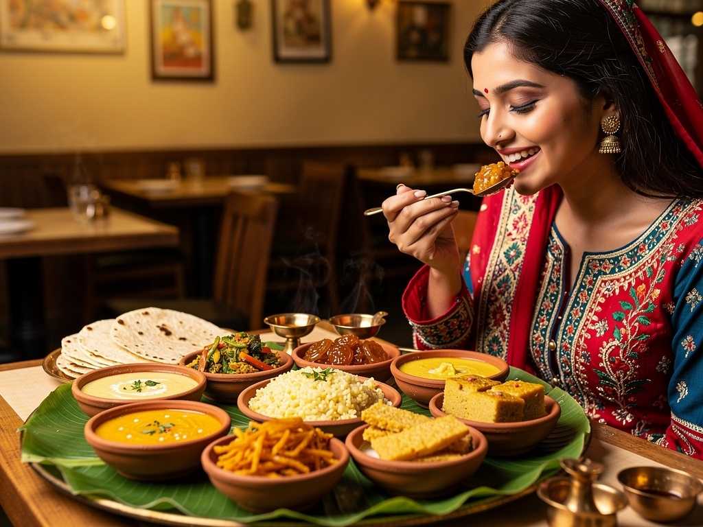 Traditional Gujarati thali with multiple dishes, rotli, and sweets served on a brass platter