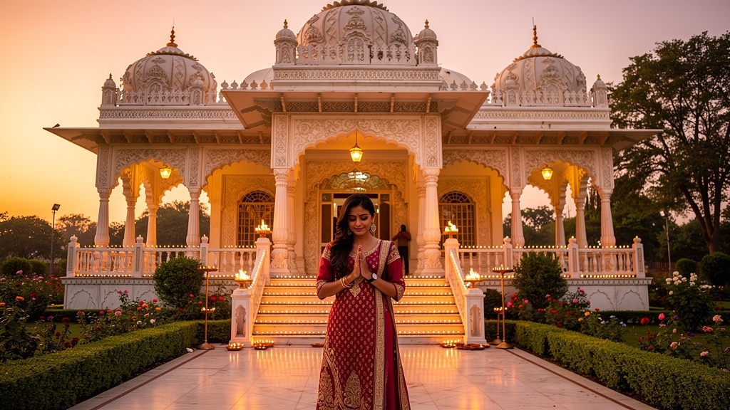 Santram Mandir at golden hour with diyas glowing along the path, Nadiad Gujarat