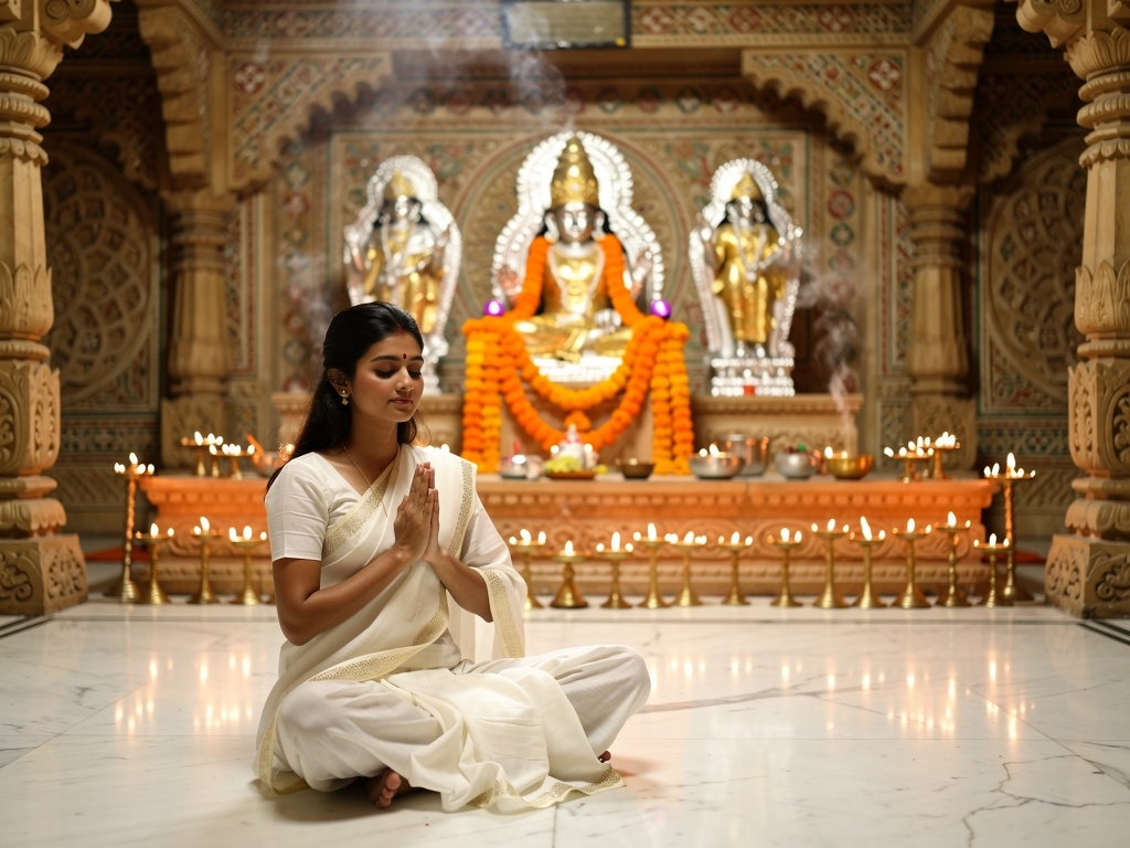 Interior of Santram Mandir with deity idols, marigold garlands, and glowing diyas