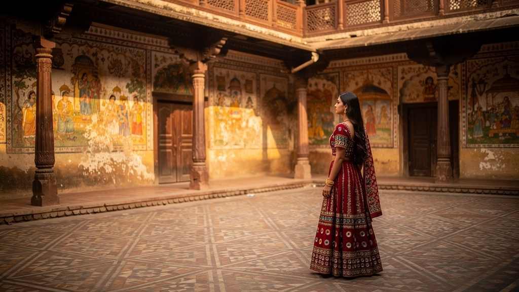 Gopaldas Haveli in Vaso village - ornate frescoed courtyard with carved wooden balconies